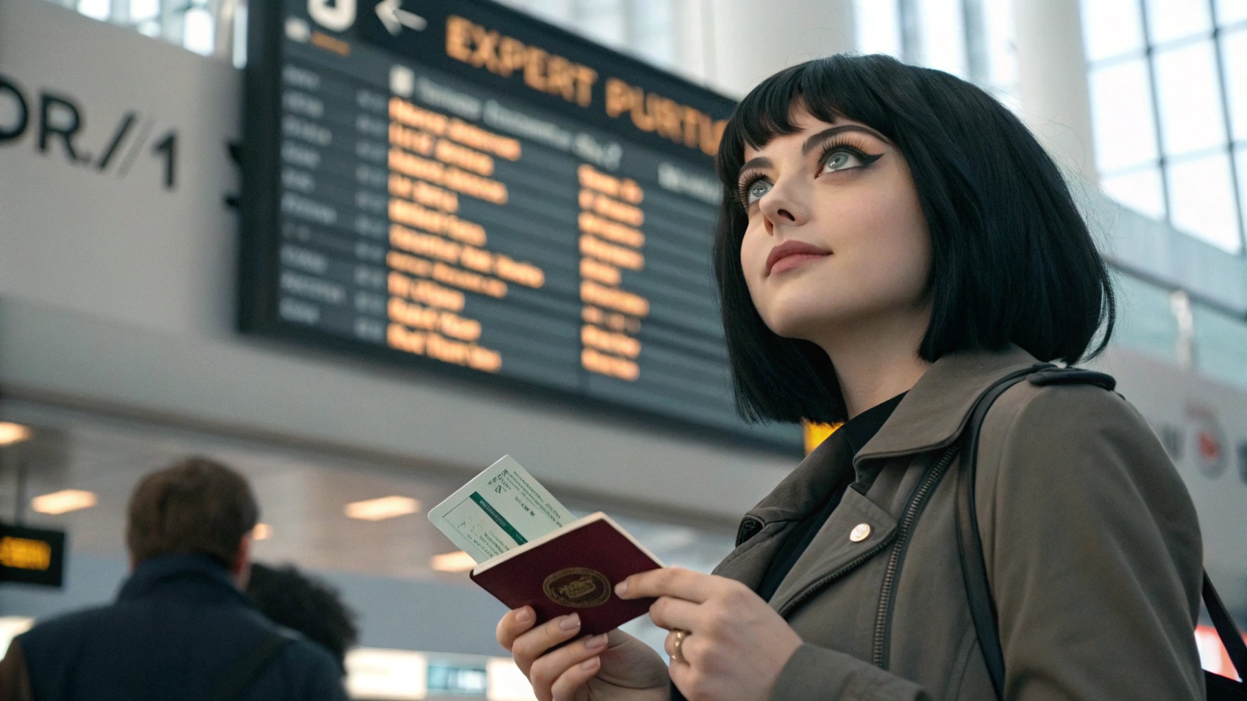 Woman with black hair and green eyes holding a prepaid travel card at an airport