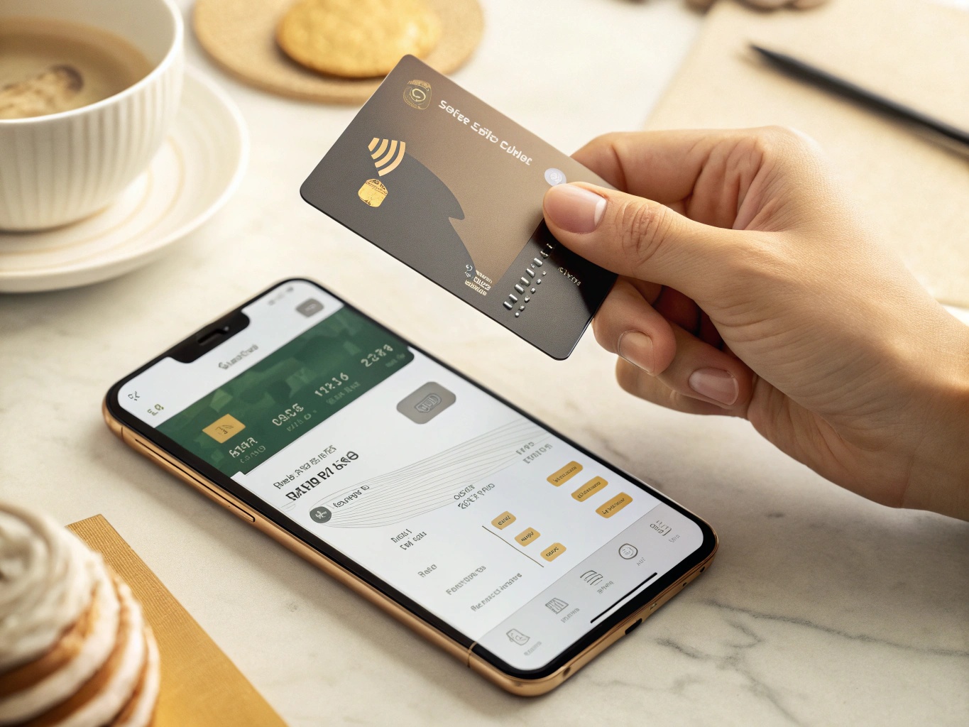 Close-up of a hand holding a prepaid card above a smartphone showing spend controls