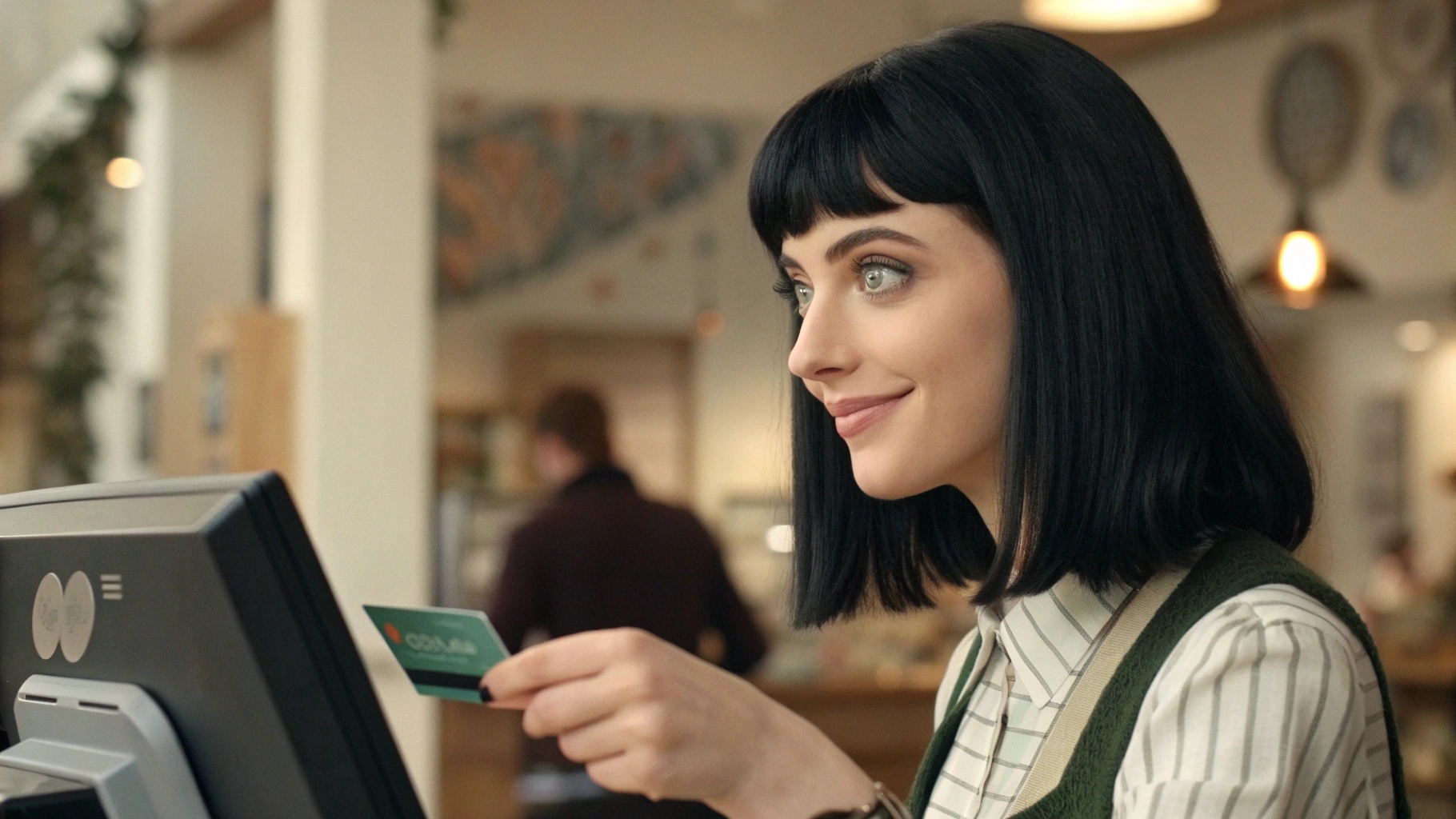 Woman tapping a prepaid card at a cafe point-of-sale terminal